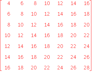 Matrix([[4, 6, 8, 10, 12, 14, 16], [6, 8, 10, 12, 14, 16, 18], [8, 10, 12, 14, 16, 18, 20], [10, 12, 14, 16, 18, 20, 22], [12, 14, 16, 18, 20, 22, 24], [14, 16, 18, 20, 22, 24, 26], [16, 18, 20, 22, 2...