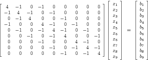 \begin{displaymath}
\left[
\begin{array}
{*{9}{r}}
 4_{\ }&-1& 0&-1& 0& 0& 0& 0&...
 ...5 \\  b_6 \\  b_6 \\  b_7 \\  b_8 \\  b_9 \\ \end{array}\right]\end{displaymath}
